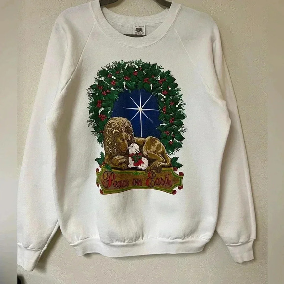 VTG Christmas Crewneck Lion & The Lamb Peace on Earth XL - Picture 1 of 6